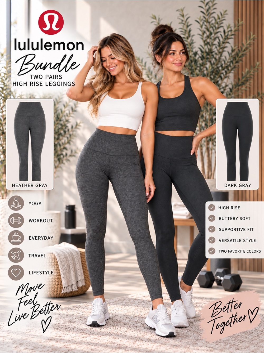 Lululemon High Rise Leggings 2 Pair Bundle Dark Gray Heather Gray Yoga Athletic